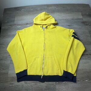 True Vintage 1970s Zip Up Hoodie Mens L Yellow Navy Striped Sporty‎ Sweatshirt
